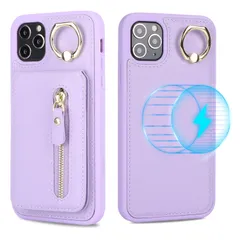 【特価商品】iPhone11ProMax 対応 ケース ケース マグセーフ MagSafe 分離式 Max リング付き Pro 耐衝撃 11 カード収納 iPhone ファスナー Ｈａｖａｙａ ワイヤレス充電対応（6.5インチ対応）-パープル