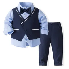 男の子カジュアルスーツセット 子供フォーマル ブレザー タキシード風 リボンタイ付き 3点セットベスト+シャツ+パンツ 卒園式 入園式 お宮参り 結婚式 入学式
