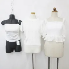 グレイル GRL ブラウス ニット キャミソール 3枚セット 半袖 スクエアネック 丸首 レース ペプラム パール カップ付 ギャザー 白 ホワイト M
