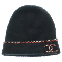CHANEL (シャネル) 編込みライン ココマーク カシミア ニットキャップ 帽子 ブラック/レッド レディース