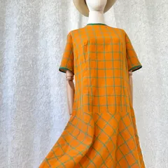 ヴィンテージ ワンピース オレンジ チェック柄 半袖 レトロワンピース Aライン ひざ丈 昭和レトロ 古着 レディース