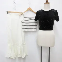 チコ Chico ジュノア JUNOAH カットソー キャミソール スカート 3枚セット チビT 半袖 丸首 ストーン ボーダー マーメイド フレアー ロング コルセット レースアップ シャーリング 黒 ブラック アイボリー F S