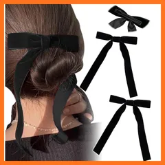 【新品】 [Herbeluemily] ベロア リボン ヘアアクセ ヘアゴム クリップ バレッタ ヘアアレンジ ヘアアクセサリー ベルベット クリップタイプ ブラック 2個セット HM-0072-R01-BKset-CL 0