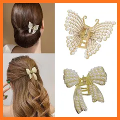 【新品】 HAPVITAL 【2個セット】バンスクリップ 小さめ パールのミニバンスクリップ 蝶々 デイジー ネクタイ 前髪クリップ パールビーズ ミニ キラキラ小さめ ヘアクリップ レディース 可愛い ラインストーン バレッタ 髪留め 人気 ヘアアクセサ 1