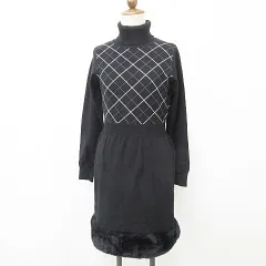 トッコ TOCCO closet ワンピース ニットワンピ 長袖 タートルネック ひざ丈 ボア チェック柄 黒 白 ブラック ホワイト M