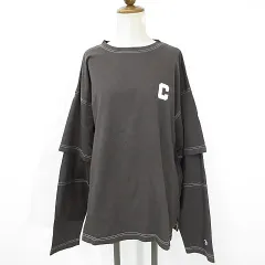 チャンピオン CHAMPION フレイアイディー FRAY I.D Tシャツ カットソー 長袖 丸首 ロゴ プリント 綿 黒 墨黒 ブラック F