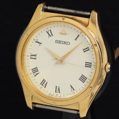 稼働【SEIKO】1981年製 電池交換済 デイト ゴールド文字盤白QZ 腕時計 