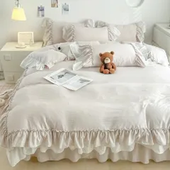 新品 布団カバー 3点セット 4点セット フリル付き布団カバー 寝具カバー 洋式・和式兼用 ベッドカバー 掛け布団カバー ボックスシーツ 枕カバー シーツカバー 肌に優しい ピーチスキン加工 北欧風 四季通用 (ホワイト+グレーカッキー 3点セット*シングル