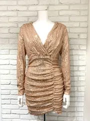 886 キャバクラ ドレス ミニ 総スパンコール Vネック タイト ギャザー ナイトドレス キャバドレス S