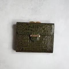 【美品】 Yves Saint Laurent YSL イヴサンローラン / ヴィンテージがま口ウォレット 二つ折り財布 クロコ型押し グリーン ゴールド