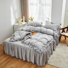 新品 布団カバー 3点セット 4点セット フリル付き布団カバー 寝具カバー 洋式・和式兼用 ベッドカバー 掛け布団カバー ボックスシーツ 枕カバー シーツカバー 肌に優しい ピーチスキン加工 北欧風 四季通用 (シアサッカーライトグレー セミダブル)