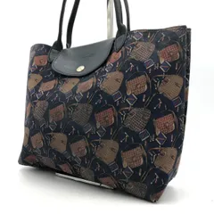 ロンシャン Longchamp トートバッグ 総柄 ナイロン レザー ネイビー系