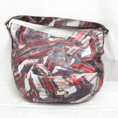 ヴィヴィアンウエストウッド Vivienne Westwood 美品 ワンショルダー トート バッグ 本革 レザー 赤 紺 白 チェック柄 オーブロゴ 裏地付き イタリー製 ☆AA★