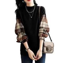 【新品】 [Leadamon-oee] トレーナー レディース 長袖 パーカー スウェット 切り替え プルオーバー トップス チェック 重ね着風 ゆったり 体型カバー 大きいサイズ 異素材 ドッキングトレーナー 通勤 普段着 春 秋 冬