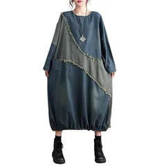 【新品】 ゆったり デニム ロングワンピース 春 かわいい 大きいサイズ カジュアル おしゃれ 韓国風 長袖 クルーネック インディゴブルー L