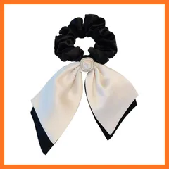 【新品】 シュシュ リボン付き ヘアゴム ブラック＆ホワイト ラインストーン装飾 大人用 ヘアアクセサリー エレガント ホワイト＆ブラック 0