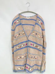 HIGH CLASSIC カーディガン/ボレロ L ベージュ コットン ボーダー柄 花柄・ボタニカル柄 刺繍 ミドル丈 長袖