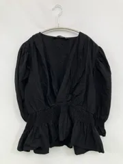ZARA ザラ シャツ/ブラウス M ブラック コットン 無地 フリル 半端袖 ノーカラー