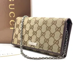 【手ぶらの品格】　GUCCI　ショルダーウォレット 長財布 GGキャンバス ロゴプレート チェーン　ベージュ