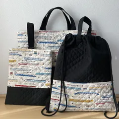 入園入学3点セット　りんりんのハンドメイド　レッスンバッグ　上履き入れ　ナップサック型お着替え袋　キルティング　新幹線