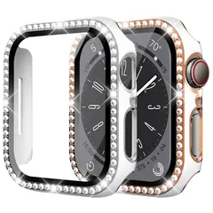 【数量限定】series iWatchケース カバー カバー watch 5 apple 高級、コンパチブル 装着簡単 超簿軽量 6 女性専用 PC材質 ガラスフィルム付き 保護ケース 4 耐衝撃 オシャレ 可愛い レディース、キラキラ se、ホワイト-ローズ