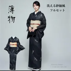 【洗える夏着物】紗紬風 薄物　フルセット 夏袋帯夏帯締め　夏帯揚げ　4点