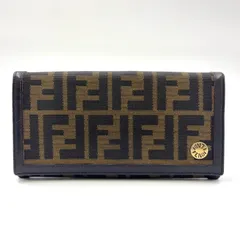 FENDI ズッカ柄 二つ折り レザー×キャンバス ダークブラウン×ブラウン 長財布 ゴールド