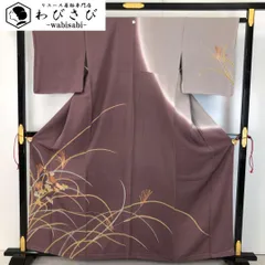 付下げ 秋草模様 染分け 紫鼠色 縮緬 しつけ糸 K-5173