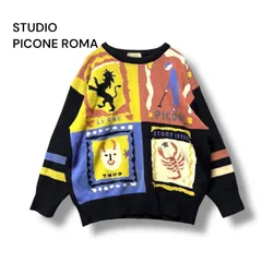 STUDIO PICONE ROMA 星座柄 ニット セーター 38 トロ しし座 さそり座 イタリア製 ヴィンテージ 80s 90s 総柄 個性派 古着 レトロデザイン