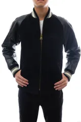 キャリー／CALEE スタジャン ブルゾン ジャケット JKT アウター メンズ 男性 男性用 ウール 毛 レザー 革 ブラック 黒  CL-13AW054 WOOL MELTON LEATHER STADIUM JACKET アワードジャケット 中綿 リブ