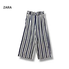 ZARA TRF ザラ　ストライプ ワイドパンツ S ネイビー ホワイト バックゴム ウエストベルト付き マリン風 ガウチョ ザラ レディース