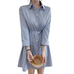 【新品】 [toasoa] チュニック ブラウス レディース 長袖 ストライプ ショート丈 襟付き 韓国 低身長 膝上 aライン ゆったり ウエストリボン ミニ シャツ ワンピース (01 - M)