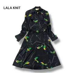 ララニット LALA KNIT ヴィンテージ ワンピース 鳥柄 バード柄　ブラック ボウタイ 共布ベルト 昭和レトロ 70s 80s 日本製 レディース M相当 クラシカル　レトロポップ　ベルト付き