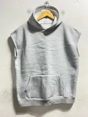 100-105 グレー ルーズフィット スウェット ノースリーブ フードTシャツ
