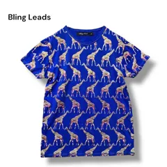 【希少総柄】Bling Leads ブリングリーズ キリン柄 Tシャツ 総柄プリント アニマル柄 ブルー Lサイズ 個性派 レトロポップ 90s テイスト 古着