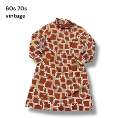 60s 70s レトロ 幾何学模様 モックネック ワンピース ビンテージ 総柄 Aライン 長袖 レディース レトロポップ 幾何学 レトロ柄