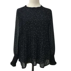 ビス ViS ブラウス カットソー プルオーバー フリルネック 水玉 ドット シフォン プリーツ 長袖 F 黒 白 ブラック ホワイト