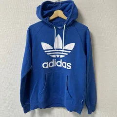 (^w^)b adidas アディダス プルオーバー フーディー フード付き スウェット カンガルーポケット ラグランスリーブ ロゴ トレフォイルロゴ ワンポイント トレーナー スエット 青 ブルー 白 ホワイト メンズ サイズ 未記載 OM11189HG