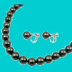 [あなたと私の宝石箱] 黒真珠 ネックレス イヤリングセット10mm・ピーコック系カラー/黒蝶貝パール10.0ミリアップ45センチサイズ＜日本製＞