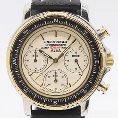 良品 箱付 稼働 セイコー アルバ フィールドギア クロノグラフ V654-6000 QZ アイボリー文字盤 メンズ腕時計 2011000 2BJY MST ABC19143