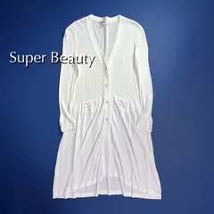 cW45 Super Beauty 大きいサイズ 42 Vネック サマーカーディガン ビジュー ビーズ リボン ロングカーディガン 長袖 ホワイト 白 スーパービューティー