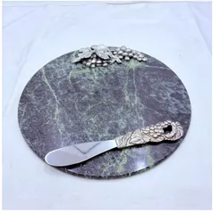 【❗️✨天然石インテリア✨❗️】✨大理石 丸型プレート グレープ装飾 バターナイフ付 マーブルサービングプレート✨簡易清掃済・現状品‼️