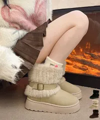 厚底ムートンブーツベルト付き裏起毛ブーツ