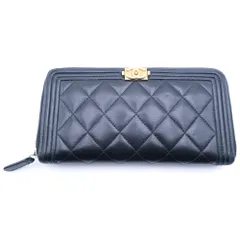 CHANEL (シャネル) ボーイシャネル ラウンドファスナー財布 ロングウォレット カードケース ブラック ラムスキン ゴールド金具