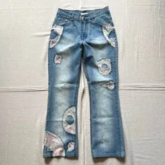 希少　00s　archive　アーカイブ　花柄レース装飾　ドーナツ型ダメージ加工　グラデーション　ブルー　再構築　フレアシルエットデニム　ブーツカット　ジーンズ　ジッパーフライ　W28　Y2K　フェアリーグランジ　flower lace flare denim