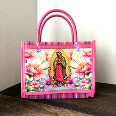 メルカドバッグミニ　グアダルーペマリア柄　底マチあり《20 x 15cm・ピンク》メキシコ雑貨 メッシュバッグ