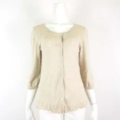 サマンサモスモス SM2 UVカット カーディガン サマーニット レース スカラップ コットン 7分袖 M ベージュ