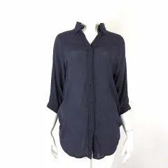 selectione セレクション シャツ ブラウス スキッパー ボタンダウン シアー シフォン シャーリング タック ロールアップ袖 7分袖 S 紺 ネイビー