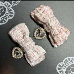 パールハート♡ツイードミニリボン　ピンク　ヘアクリップ  量産型　地雷　ゴスロリ　天使界隈　サブカル　コンカフェ