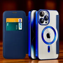 iPhone 15 Pro ケース 手帳型 ネイビーブルー カード収納 MagSafe対応 レザー調 高級感 スマホカバー 全8色展開